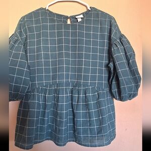 A New Day Forest Green Plaid Women's Top Balloon Sleeve Pleated Ruffled
